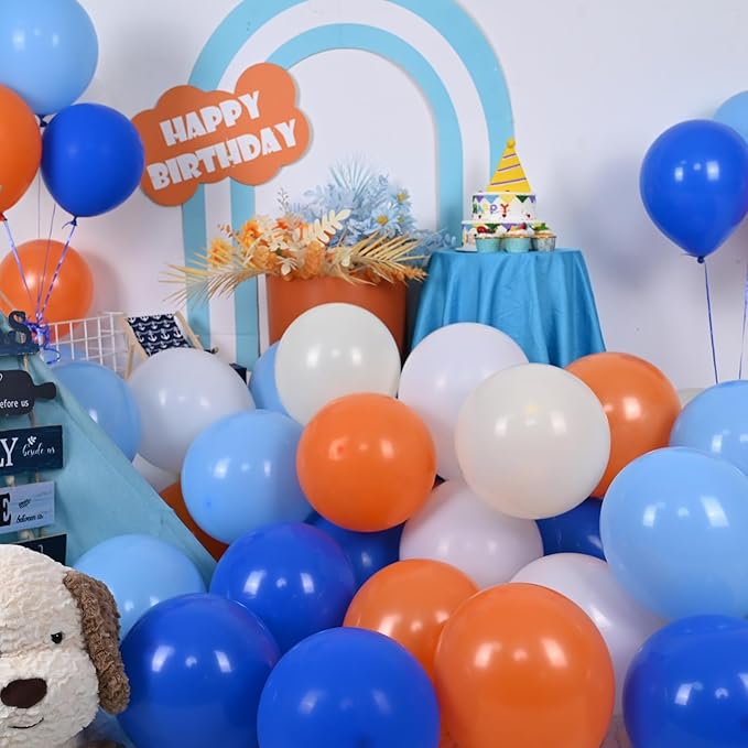 Togvu Orange and Blue Balloon, 12 Inch Orange Blue White Latex Balloons Orange Royal Blue White Balloons with Ribbons for Kids Birthday Baby Shower Space Thema Party Decorations