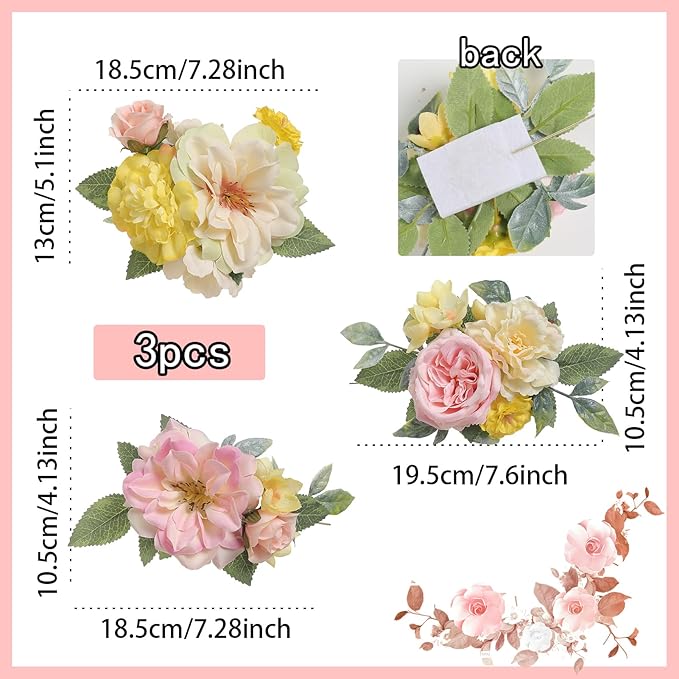 Cake Toppers Flowers,3 Pieces Hand-made Silk Flowers Cake Decorations for Birthday Baby Shower Wedding Valentine's Day Celebration Boho Party Supplies (Pink Yellow)