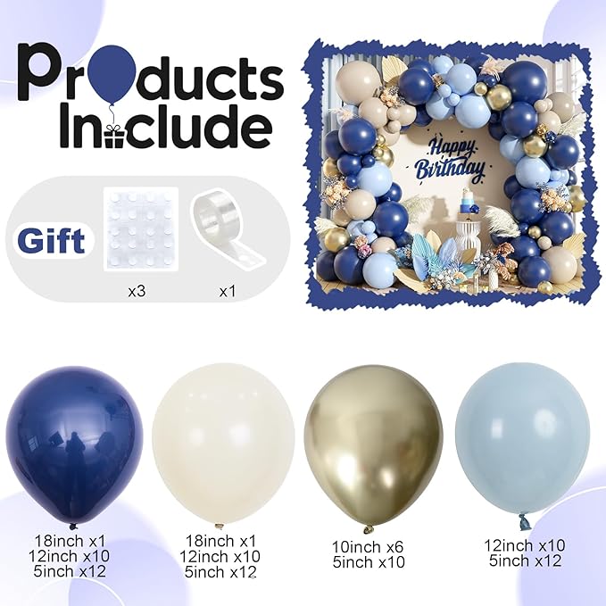 Navy Blue Balloon Arch Kit, Dusty Light Blue Gold Balloon Garland White Sand Cream Metallic Gold Balloons for Wedding Bridal Baby Shower Gender Reveal Graduation Birthday Party Decorations Supplies