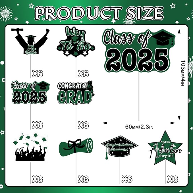 2025 Graduation Cupcake Toppers - 48 Pcs Green Graduation Party Supplies Mini Cake Food/Appetizer Picks For Class of 2025 Grad Decorations