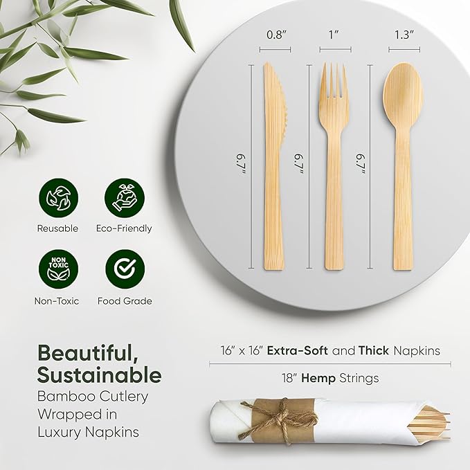 Premium Pre Rolled Napkin and Bamboo Cutlery Set (10 Pack, 40 PCS) 100% Biodegradable, Eco-Friendly, Disposable Wrapped Cutlery - Pre-Wrapped Bamboo Forks, Knives, Spoons, Napkins, Brown Roll