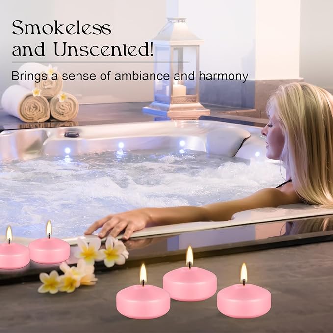 12 pcs 2-inch Floating Candles, Pink, smokeless and unscented, Burns continuously for 5-6 Hours, be Good for Holidays, Weddings, Vacations, and Home décor