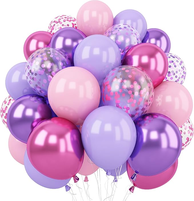 Togvu Purple Pink Balloons, 60 Packs 12 Inch Metallic Purple Pink Confetti Balloons, Lavender and Light Pink Latex Balloons with Ribbon for Girls Women Birthday Wedding Baby Shower Party Decoration