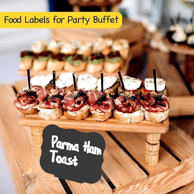 PigPotParty 12 Pcs Food Labels for Party Buffet w/Cleaning Spray, 4"x3" Mini Chalkboard Signs Include 2 Liquid Chalk Markers for Food Display - Food Tags- Table Palce Card (Waved Shape)