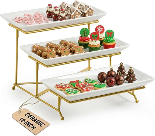 LAUCHUH 3 Tier Serving Stand Porcelain Serving Platter Tier Serving Trays with Collapsible Sturdier Rack, Serving Dishes and Platters for Thanksgiving, Christmas, Entertaining, Gold, 12 Inch