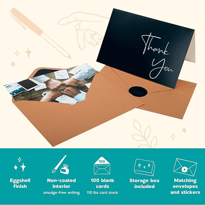 VNS Creations Thank You Cards With Envelopes Bulk Set & Stickers - 100 Pack 4x6 Blank Thank You Notes Bulk Box Set - Large Note Card Small Business, Wedding, Baby Shower & Bridal Shower - Black