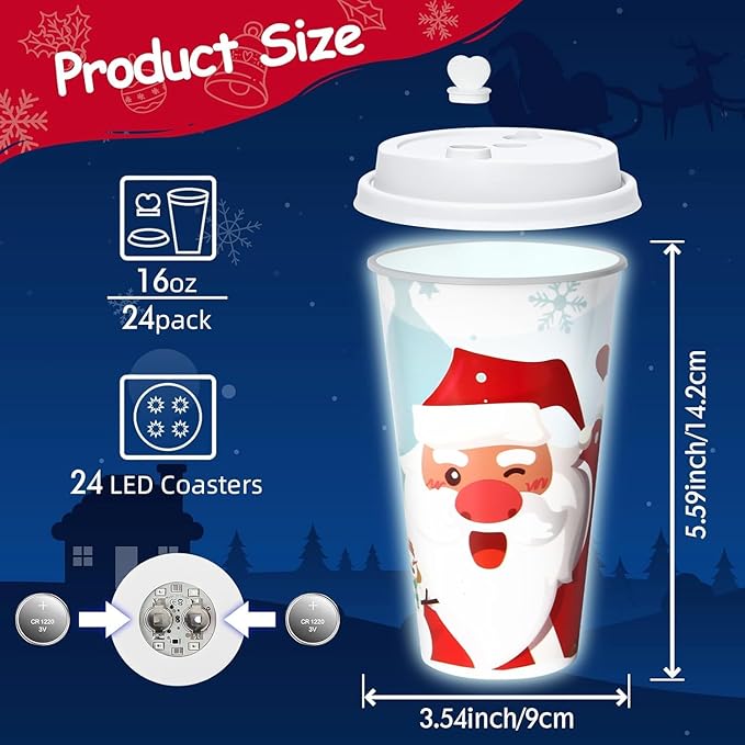 24 Sets Christmas Party Cups for Kids, 16OZ Glow Christmas Plastic Cup for Holiday Movie Night Party Favors Supplies Decorations, Holiday Decor