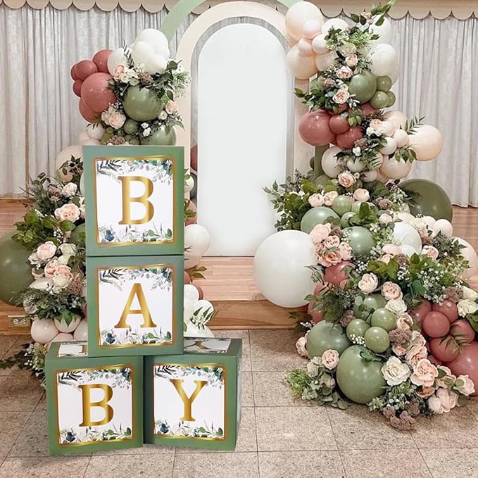 Quanbin Packaging Baby Boxes, Set of 4 Pcs Balloon Boxes with Gold Letters, Hawaiian Jungle Love Element Birthday Party Decoration Box for Baby Shower