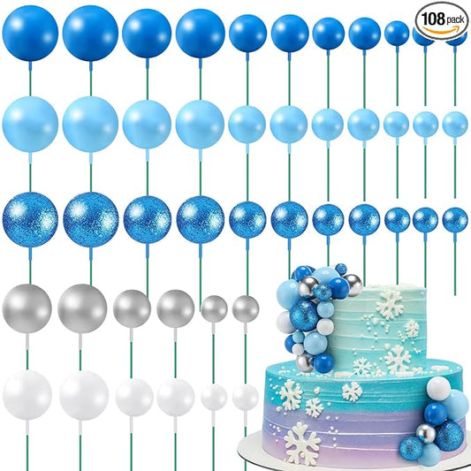 Tondiamo 108 Pcs Balls Cake Topper DIY Cupcake Insert Foam Balloons for Cake Baking Wedding Anniversary Birthday Decoration (Blue White Silver,Multi Sizes)