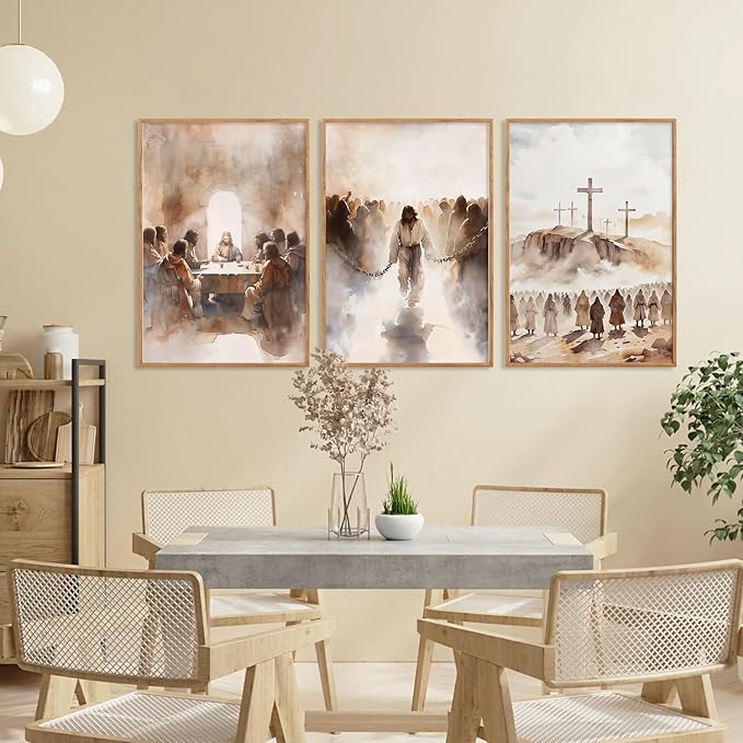 LHIUEM Large Jesus Neutral Framed Canvas Wall Art Set,Christ Church Wall Decor,Christian Bible Story Religious Easter Last Supper Artwork for Living Room,Churches,Prayer Room Decor- 16''x24''x3