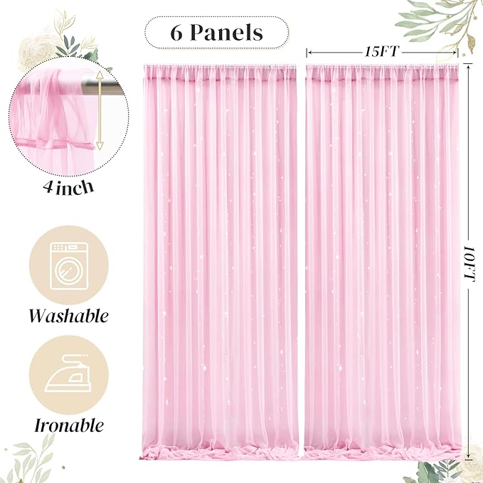 30ft x 10ft Pink Backdrop Curtain with Lights String for Parties, Sheer Tulle Wedding Photo Backdrops Drapes for Baby Shower Birthday Party Decorations Background for Photography