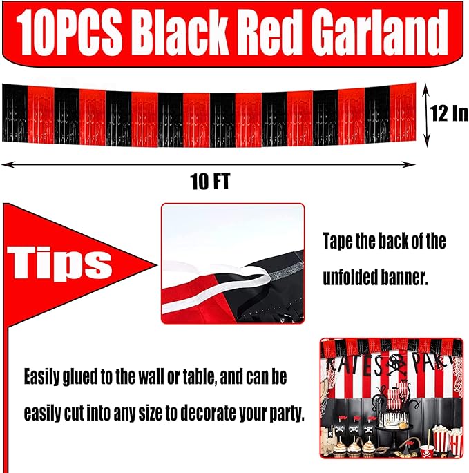 10 Pack 10 Feet Foil Fringe Garland Metallic Tinsel Streamers Banner Wall Hanging Backdrop for Parade Floats, Bachelorette, Casino Viva Las Vegas Game Night Birthday Party Decorations(Black Red)