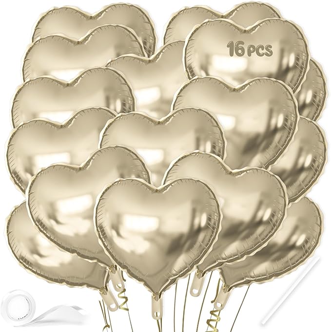 16 Pcs Heart Balloons, 18 Inch Champagne Gold Love Heart Shaped Foil Balloons for Wedding Anniversary Birthday Party Valentine Decorations Baby Shower Bridal Shower Engagement Decorations Supplies
