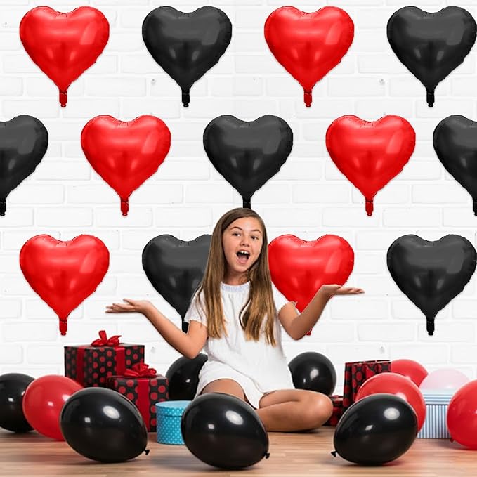 Red Black Heart Balloons, 10 Pcs Metallic Heart Shaped Balloon, 18 Inch Red and Black Foil Balloons Helium for Engagement Brithday Bridal Baby Shower Wedding Engagement Valentines Party Decorations