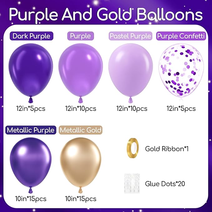 60pcs Purple and Gold Balloons 12inch with Dark Purple Metallic Gold Confetti Latex Balloons for Graduation Wedding Baby Shower Birthday Party Decorations