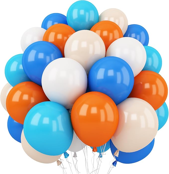 Togvu Orange and Blue Balloon, 12 Inch Orange Blue White Latex Balloons Orange Royal Blue White Balloons with Ribbons for Kids Birthday Baby Shower Space Thema Party Decorations