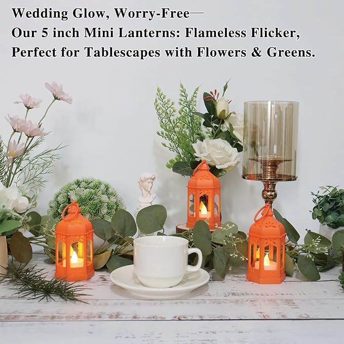 8 Pcs Mini Lantern with Flickering LED Candles, LLQ Orange Vintage Decorative Hanging Candle Lanterns for Halloween, Christmas, Wedding Decorations, Party, Table Centerpiece, Battery Included