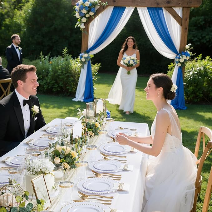 LIYH 350 Pcs White and Gold Plastic Plates - Elegant Disposable Gold Plastic Dinnerware set Include Dinner & Dessert Plates Cups Napkins for Birthday Party Wedding 50 Guests