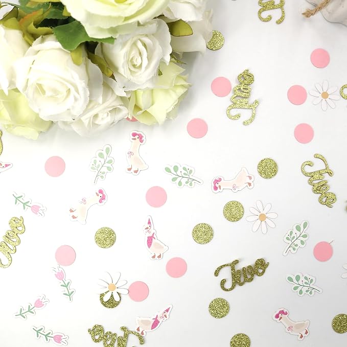 220PCS Two Silly Goose Birthday Decorations for Girl, Goose Dot Leaves Flower 2nd Birthday Confetti for Pink and Gold 2 Year Old Bday Decor