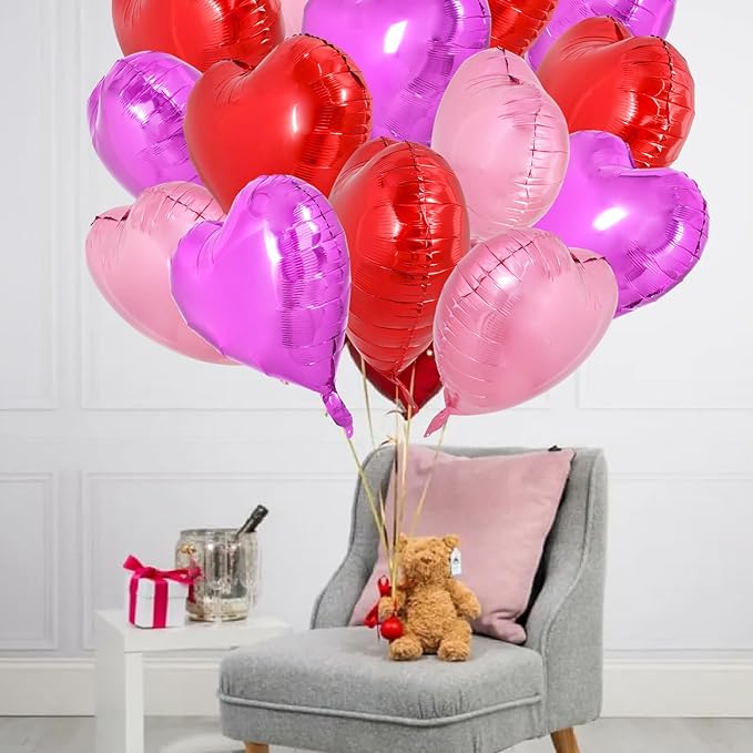 TONIFUL 30Pcs 18 Inch Heart Balloons Valentine’s Day Red Pink Hot Pink Heart Shape Foil Mylar Balloons Decoration for Valentine's Day Wedding Bridal Shower Anniversary Engagement Party Supplies
