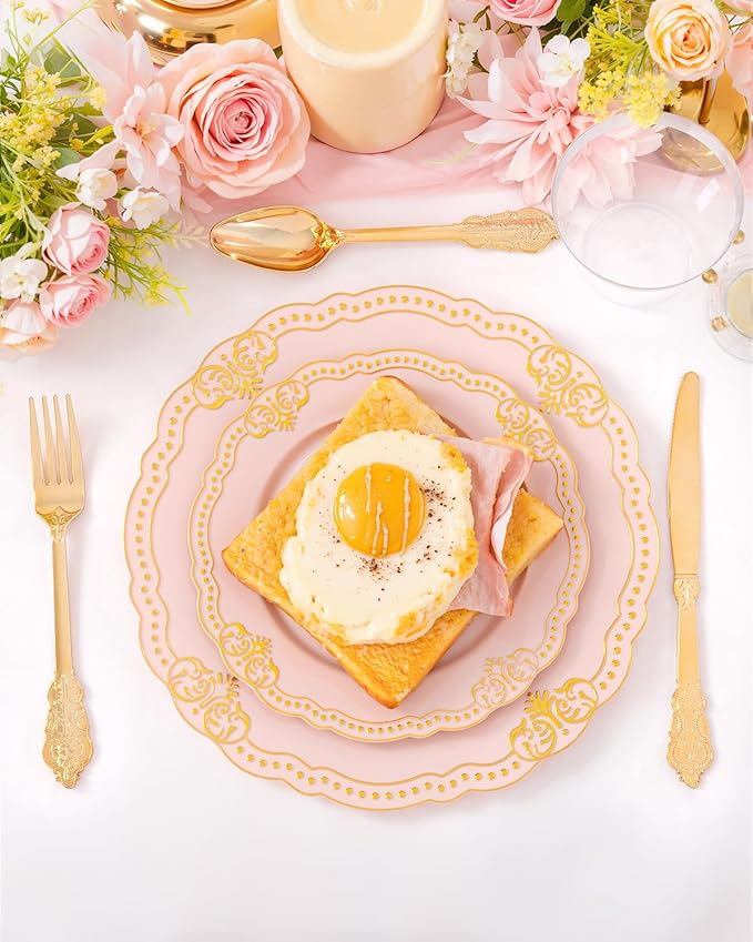 Ciaell 350 PCS Pink Plastic Plates - Pink and Gold Disposable Plates Include 50 Disposable Plate, 150 Heavy Duty Silverware, 50 Cups, 50 Napkins for Wedding & Party & Anniversary