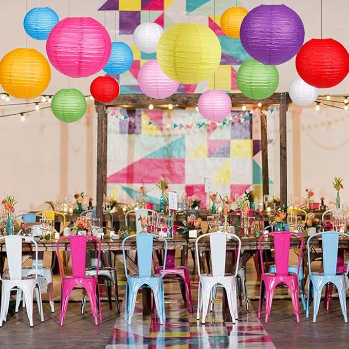 Paper Lanterns Decorative, Round Hanging Paper Lanterns for Wedding Rainbow Birthday Party Mexican Fiesta Decorations Colorful 15pcs