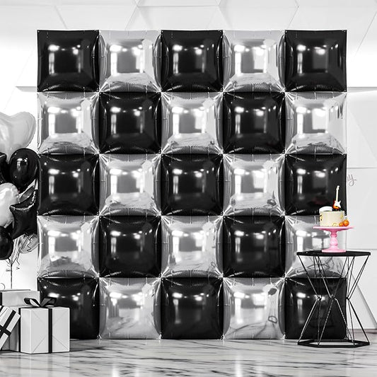 NISOCY 25PCS Black Silver Square Foil Balloons Wall Backdrop Double Sided Black Silver Balloon Arch Kit for New Year Birthday Wedding Graduation Anniversary Party Decorations
