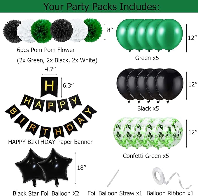 Birthday Decorations for Men Green and Black Party Decor Supplies Boy Including Happy Birthday Banner Confetti Latex Balloon Foil Balloon and Ribbon