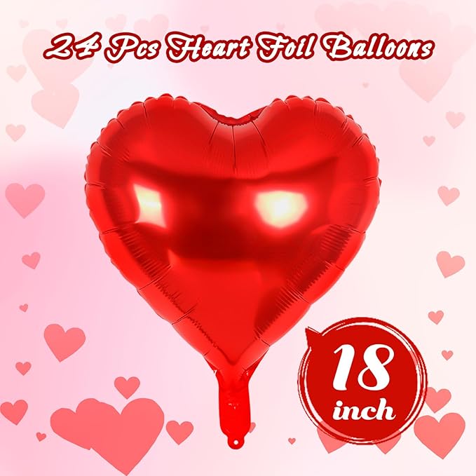 24 Pcs Red Heart Balloons,18 inch Heart Shape Foil Balloons Love Balloon Valentine Balloon for Birthday Party Wedding Engagement Party Baby Shower Valentine Day Decorations (Red)