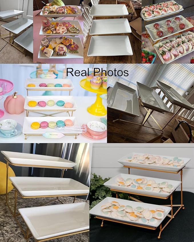 LAUCHUH 3 Tier Serving Stand Porcelain Serving Platter Tier Serving Trays with Collapsible Sturdier Rack, Serving Dishes and Platters for Thanksgiving, Christmas, Entertaining, Gold, 12 Inch