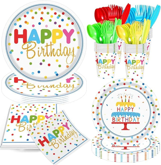 140pcs Happy Birthday Party Supplies Set with Colorful Polka Dots Design- Includes Disposable Paper Birthday Plates and Napkins, Cups,Dots Party Supplies Serves 20 Guests