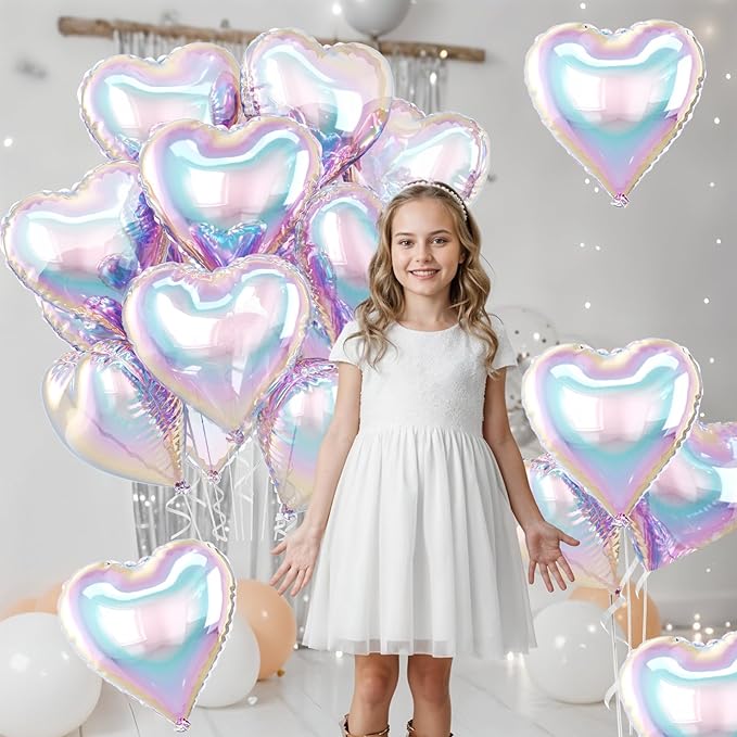 Iridescent Heart Balloons, 10 Pcs Transparent Rainbow Heart Shaped Balloon, 18 Inch Gradient Clear Foil Balloons for Engagement Brithday Baby Shower Wedding Valentines Mermaid Party Decorations