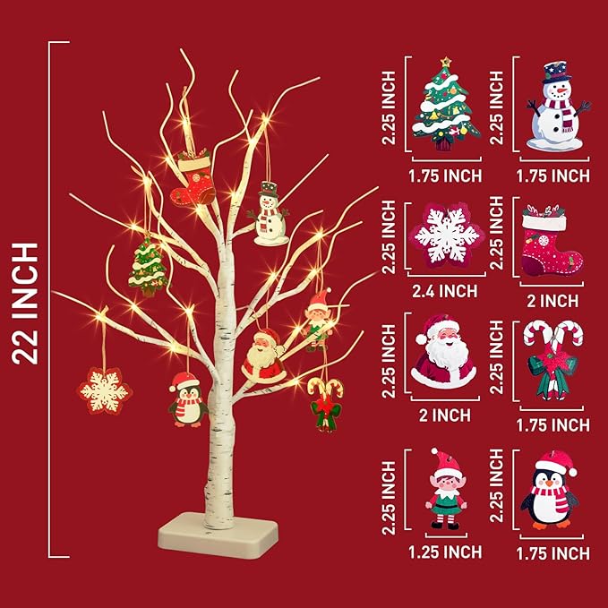 EAMBRITE Lighted Birch Tree with Christmas Ornaments, 2 Pack Small Christmas Trees with Led Lights, White Twinkling Tree Decorations Tabletop Centerpieces for Home Table Bedroom Indoor Decor (22inch)