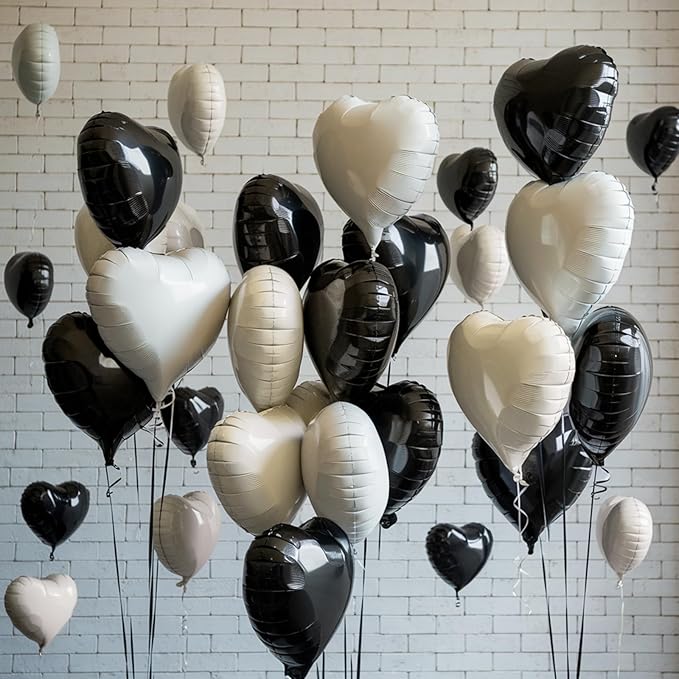 Black White Heart Balloons, 19PCS Black and Cream White Heart Shape Balloon, 18Inch with 10Inch White Sand Black Helium Foil Balloon for Birthday Baby Shower Bridal Wedding Party Decorations