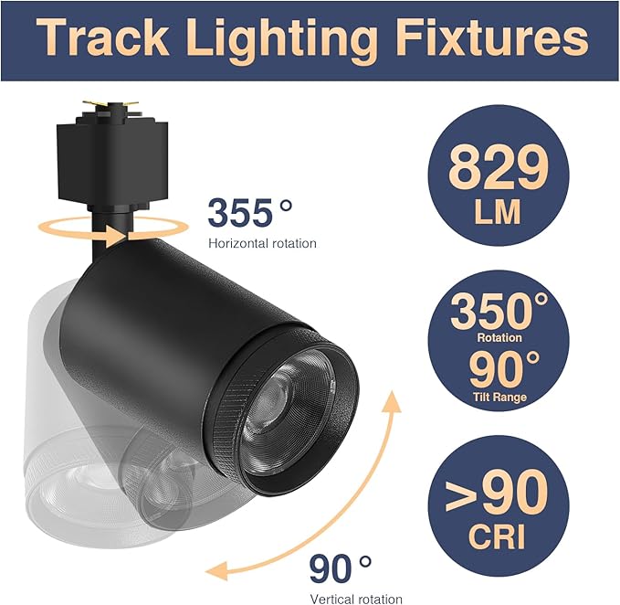 10W LED Track Lighting Heads – L-Type Adjustable Ceiling Spotlights, 3000K/4000K/5700K, Flicker-Free CRI90+ (6-Pack) – Black Track Light Fixtures for Accent, Task & Art Lighting