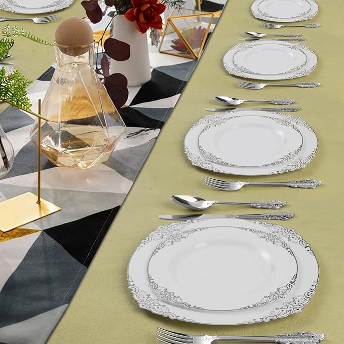 300PCS Silver Plastic Silverware for 100 Guests, Heavy Duty Silver Disposable Utensils Sets, Includes 100 Forks, 100 Spoons, 100 Knives, Elegant Cutlery Perfect for Wedding or Party