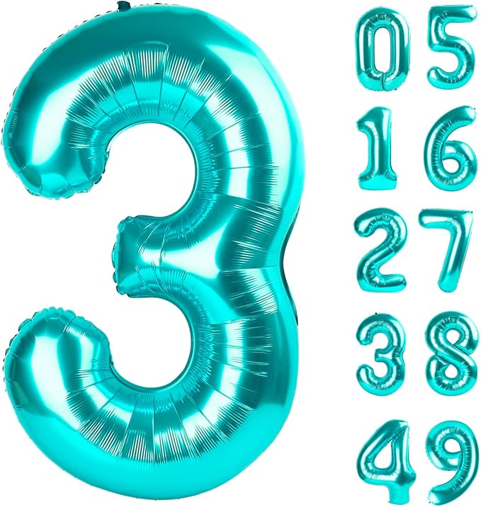 40 Inch Teal Blue 3 Large Number Balloon, 3 13 23 30 33 36 Teal Blue Birthday Party Decorations, Number Three Foil Balloons for Anniversary Party Graduations Celebration Supplies