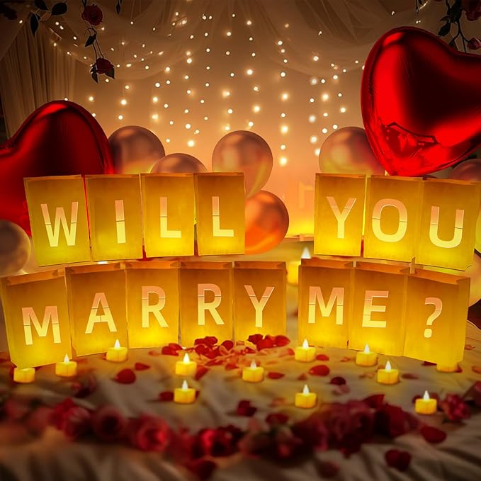 Will You Marry Me ? Light Up Letters, Include Light up Letters, with Tea Lights Candles, Latex Balloons, Aluminum Balloons and Rose Petals, Anniversary and Valentines' Day Decorations for Women