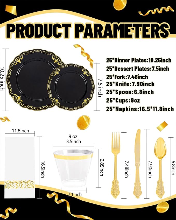 Ciaell 175 PCS Black and Gold Plastic Plates - Black Disposable Dinnerware Set with 50 Plates, 25 Knives, 25 Forks, 25 Spoons, 25 Cups, 25 Napkins for New Year’s Day, Parties and Weddings