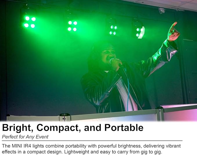 Rockville Mini IR4 Black LED Wash Light, RGBWA+UV, Compact, App Control, LCD, Wireless DMX, Remote, Rechargeable, Perfect for DJ & Event Lighting