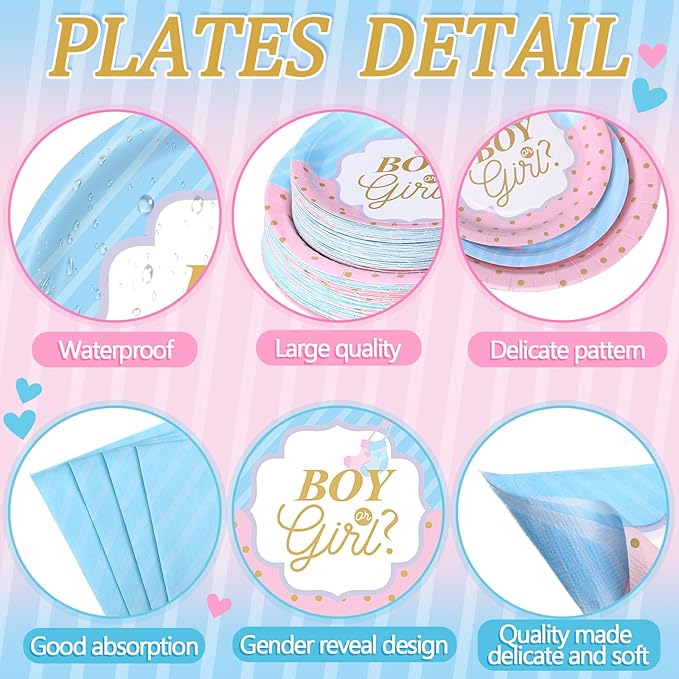 Pickmesh 400 Pcs Gender Reveal Party Supplies Include Boy or Girl Disposable Paper Plates Napkins Cups Cutlery Blue and Pink Gender Reveal Tableware Set for Baby Shower Party Decorations Serve 50