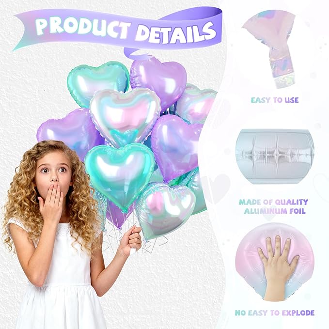 Iridescent Heart Balloons, 10 Pcs Crystal Heart Shaped Balloon, 18 Inch Transparent Gradient Blue Purple Foil Balloons for Engagement Brithday Baby Shower Wedding Valentines Mermaid Party Decoration