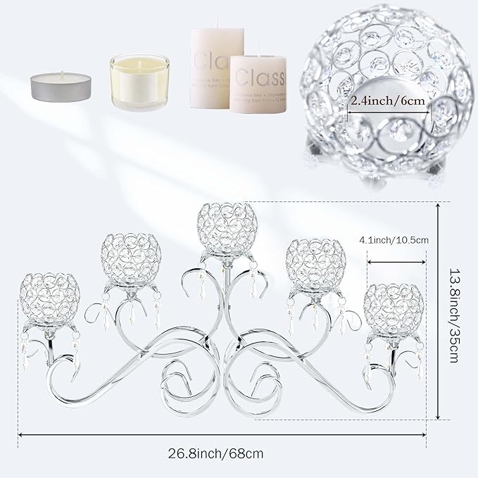 Silver 5 Arms 26.8 Inches Wide Crystal Pendant Bowl Tea Light Candle Holder, Large Bling Centerpiece Table Decorations, Metal Votive Candle Holders for Dining Table(Silver, Bowl-Shaped)