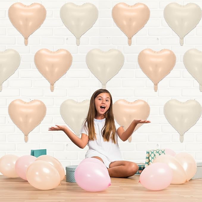 Cream Apricot Heart Balloons, 10 Pcs Beige White Caramel Foil Heart Shaped Balloon, 18 Inch Nude Neutral Balloons Helium for Engagement, Brithday, Baby Shower, Wedding, Valentines Party Decorations
