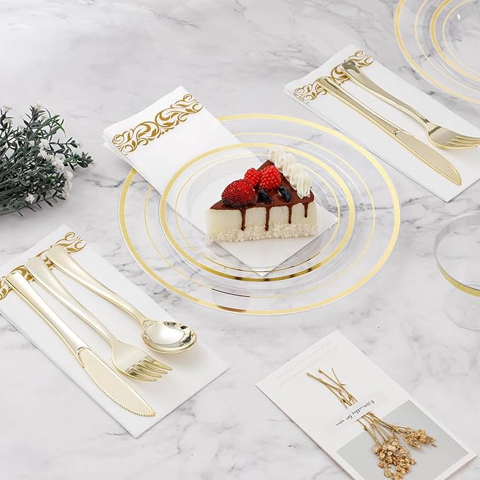 BESTVIP 175PCS Clear Gold Disposable Dinnerware Set for 25 Guests, Plastic Plates for Party, Wedding, Christmas, Halloween, Include: 50Plastic Plates, 25 Gold Silverware, 25 Cups, 25 Napkins