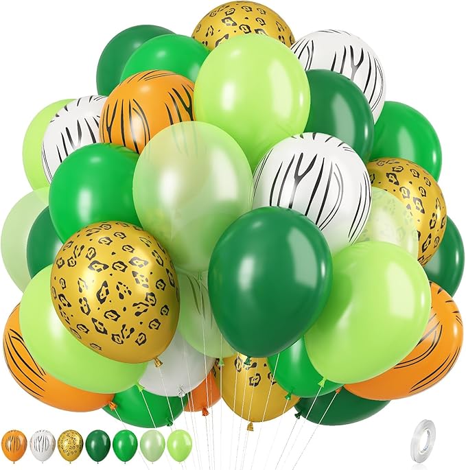 Safari Balloons, 12 Inch Jungle Party Decorations Animal Print Balloons Green Latex Balloon Leopard Zebra Tiger Printed Balloon for Jungle Safari Themed Party Dinosaur Forest Tropical Birthday Decor