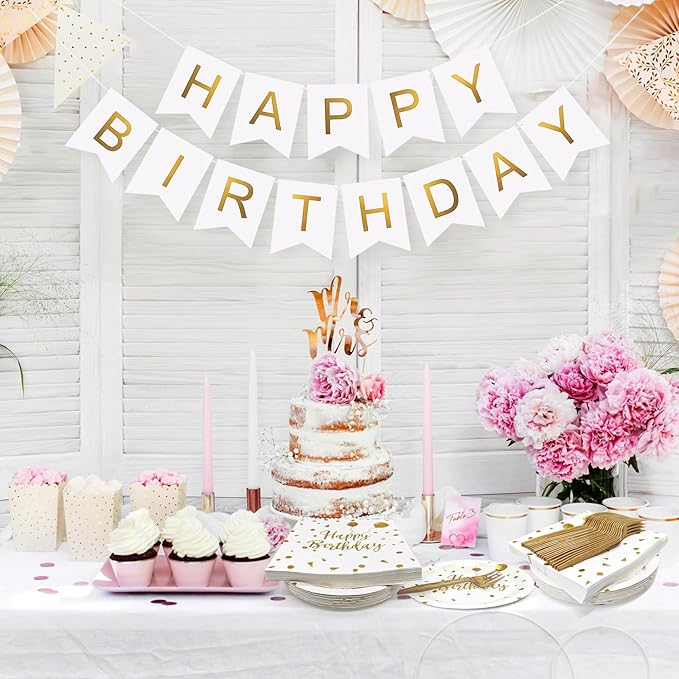 Serves 35 Guests Happy Birthday Paper Plates Party Supplies,7 Inch White and Gold Happy Birthday Disposable Paper Plates Napkins Forks Tablecloths Banner for Party Decorations