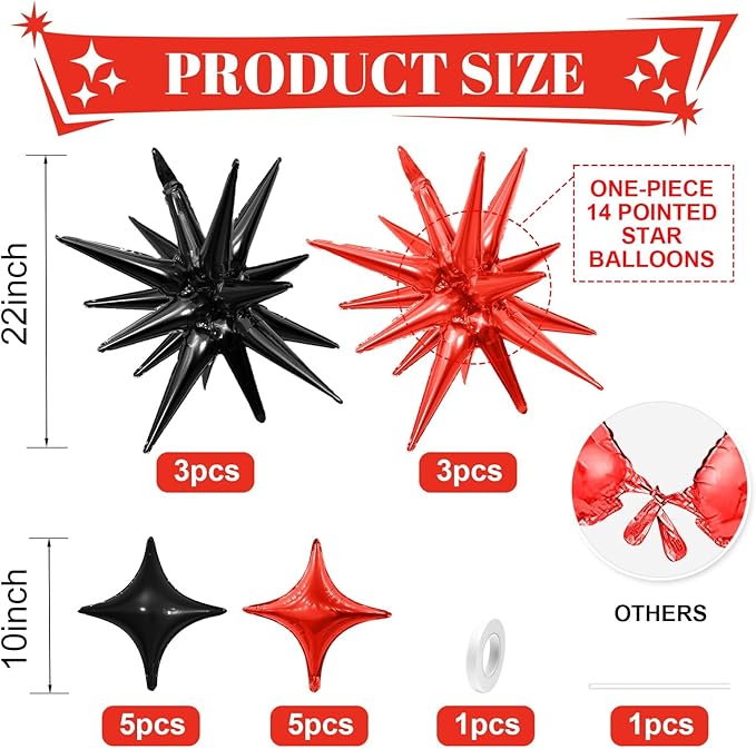 Black Red Star Balloon,6Pcs 22Inch Explosion Star Balloons and 10Pcs 10Inch Four Angle Balloons Kit for Halloween Birthday Anniversary Graduation Baby Shower Wedding Party Decorations