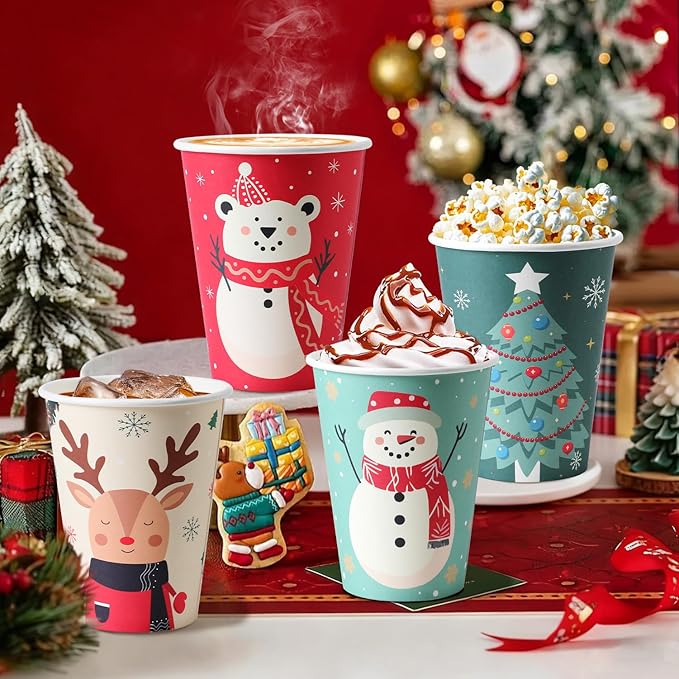 100 Pack Christmas Paper Cups 12 oz Xmas Disposable Coffee Cups, Snowman Elk Xmas Party Cup for Hot Cocoa Chocolate, Christmas Holiday Party Drinkware Supplies
