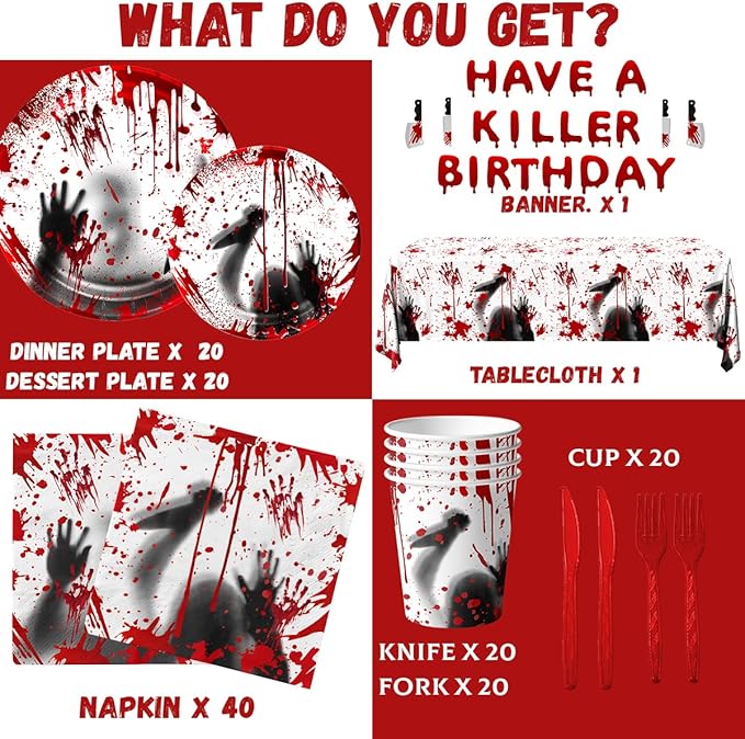 Have a Killer Birthday Decoration,142PCS Halloween Scary Party Tableware Decorations Include Killer Banner Horror Plates Napkins Bloody Tablecloth for Horror Themed Birthday Supplies